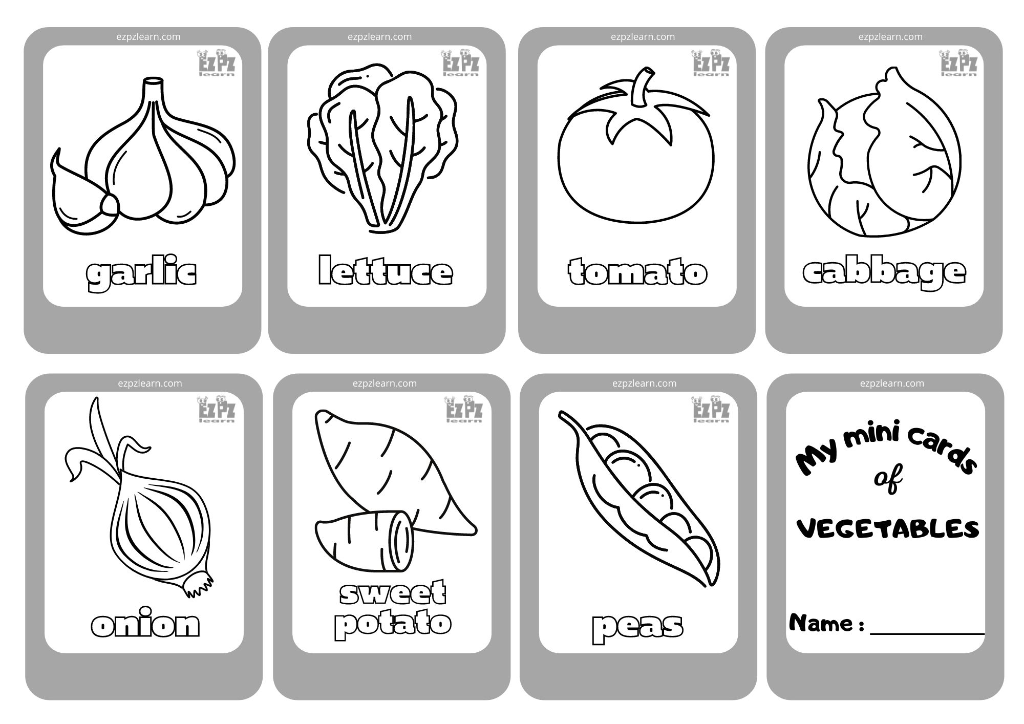 Vegetables 3 Mini Cards Coloring - Ezpzlearn.com